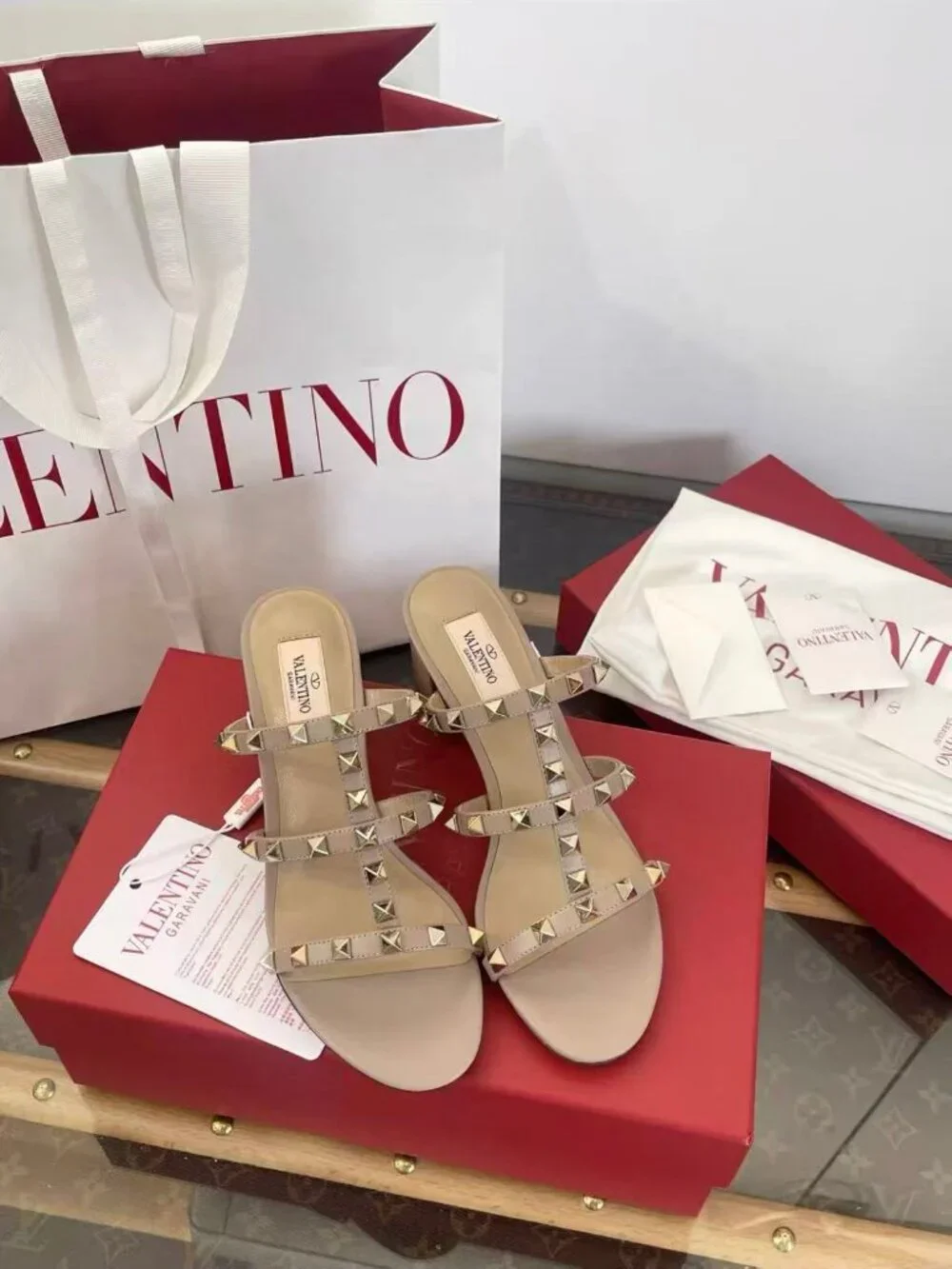 Valentino Rockstud Nude Leather Block‑Heel Slide Sandals